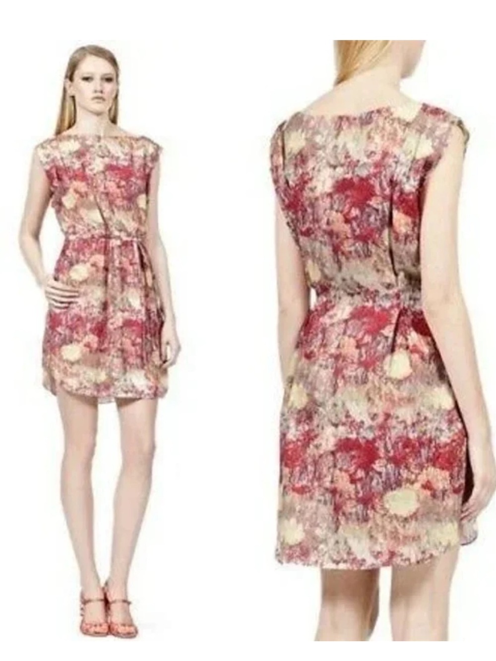 EUC Reiss Raspberry Floral Tie-Waist Sleeveless Dress Rounded Hem Pockets Lined - Picture 4 of 13